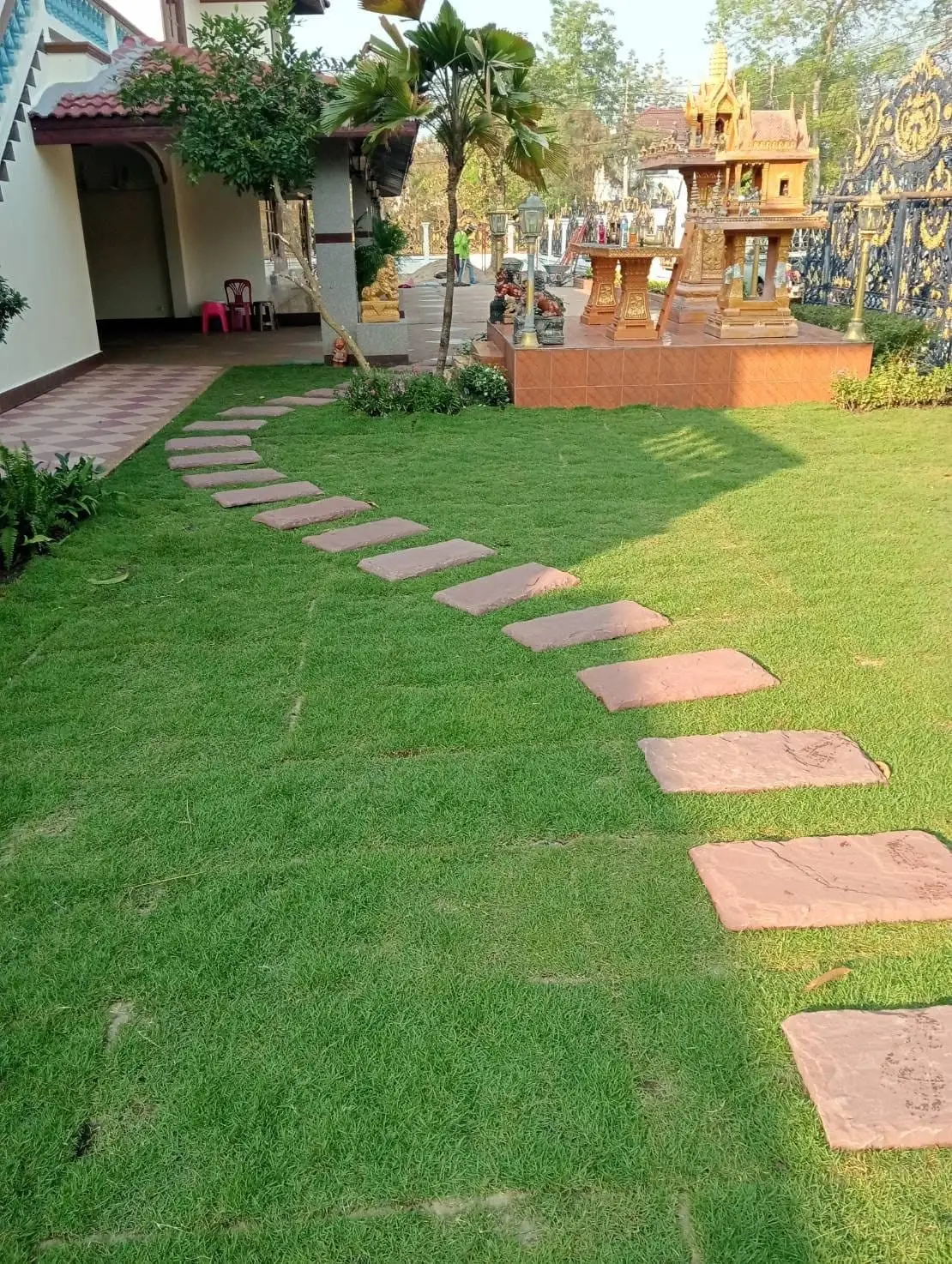 สวนหน้าบ้านที่วางแนวทางเดินแผ่นหินโค้งตามแบบที่ตกลงกับเจ้าของบ้าน โคราช
